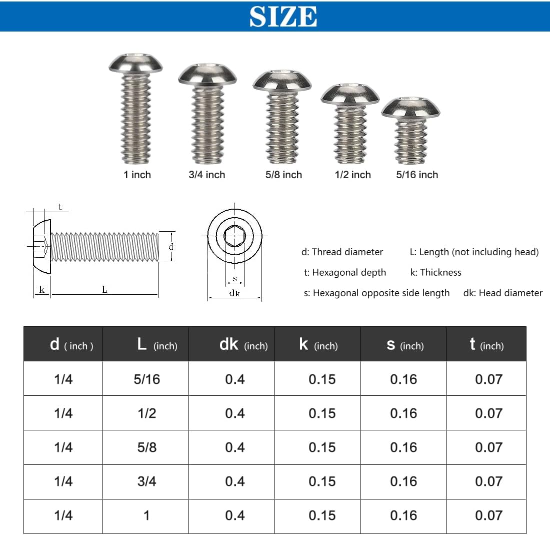  Set di viti a passo fotografico in acciaio inox da 1/4" da 8mm, 13mm, 15mm, 19mm, 25mm di lunghezza e chiave Inglese 