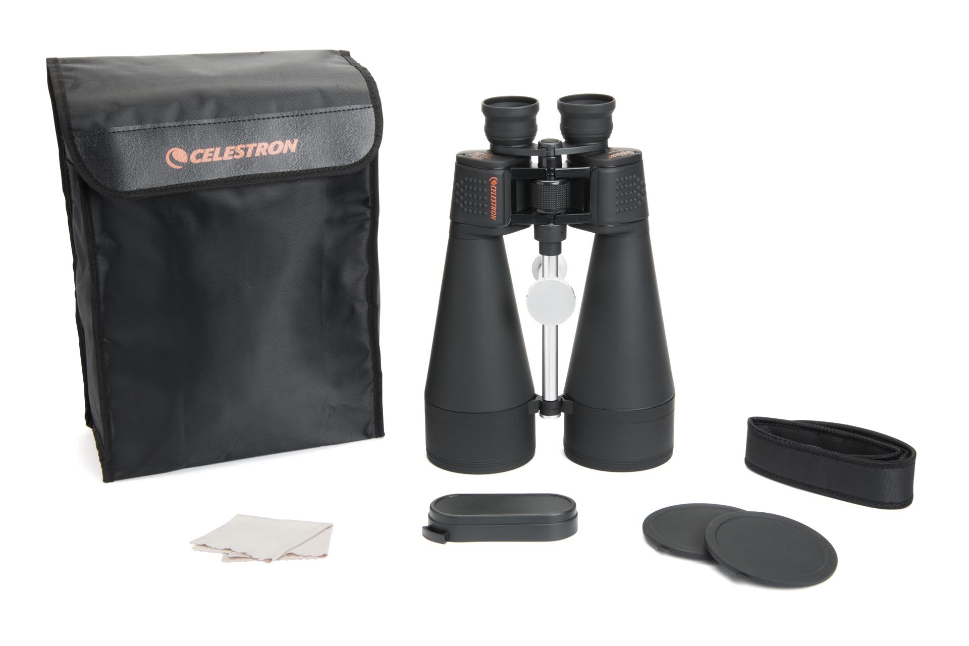  Binocolo gigante Celestron SkyMaster 20×80 con corpo impermeabile rivestito, ottiche acromatiche con trattamento multistrato e rivestimento di fase ed un pratico sistema di fissaggio a treppiede ad asta centrale integrato nel corpo del binocolo. 