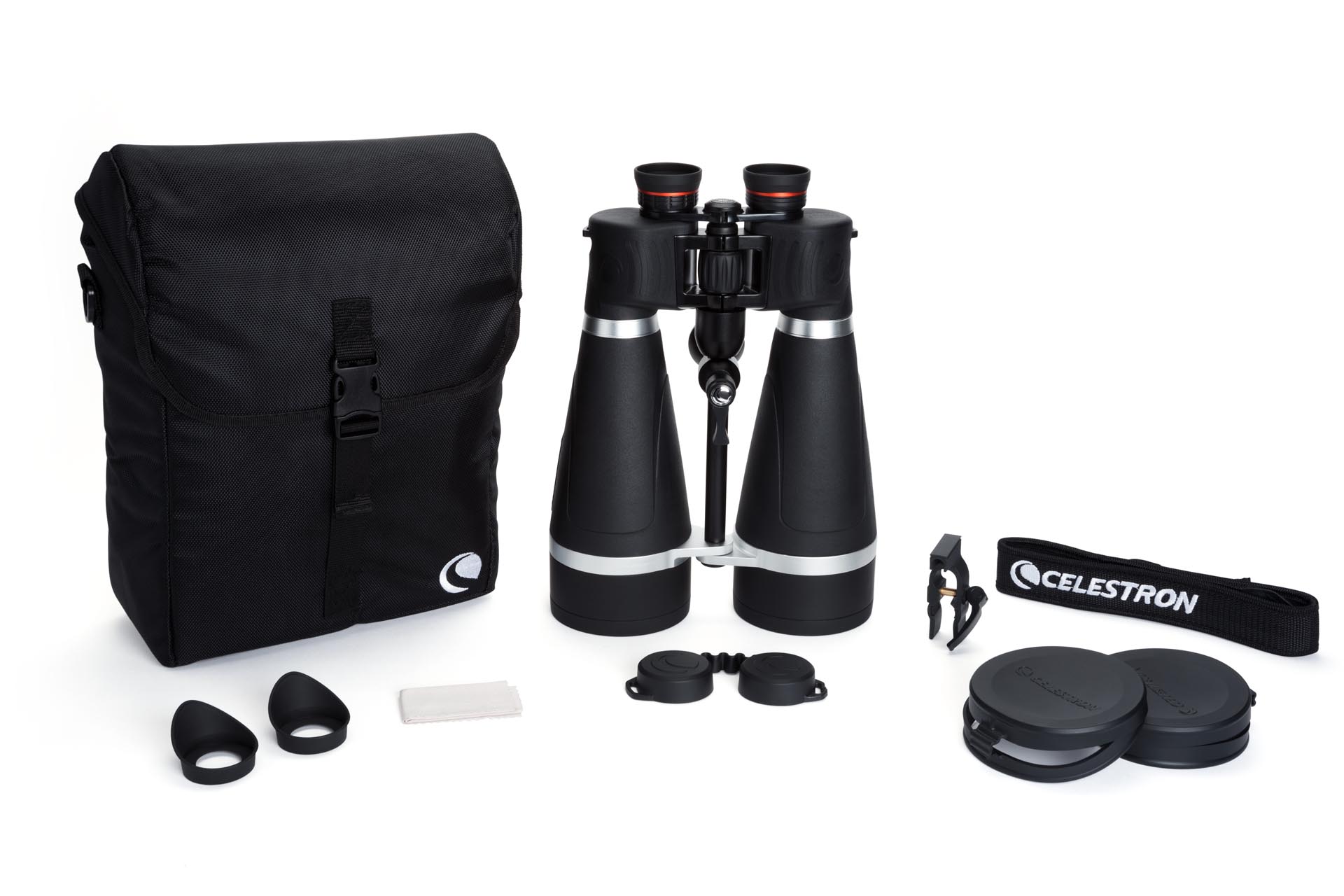  Binocolo gigante Celestron SkyMaster PRO 20×80 con corpo d'alluminio e policarbonato completamente impermeabile e riempito d'azoto, rivestito in gomma, ottiche acromatiche con trattamento multistrato XLT e rivestimento di fase. 